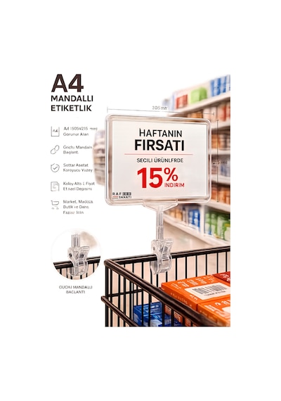 A4 Mandallı Fiyatlık Etiketlik Sepet Raf Askılık Fiyat Etiketi Çerçeveli Market Mağaza Şeffaf