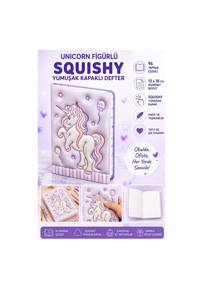 Unicorn Yumuşak Kapaklı Defter 96 Yaprak 13x18cm 1 Adet Df-1318 Sukuşi Çizgili Defter Hediyelik Sevimli Defter Lila