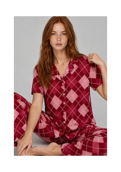 Fit Women Kadın Kısa Kol Desenli Kırmızı Pijama Takımı 4730