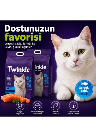 2As Twinkle Yetişkin Kedi Maması 20 Kg - Balıklı Kedi Maması - 2 X 10 Kg Paket -%85 Hayvansal Protein - Tam Ve Dengeli Beslenme - Tüy Ve Deri Desteği 12 Gri