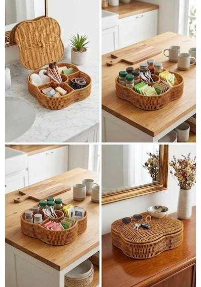 Plentiful Kapaklı 5 Bölmeli Plastik Rattan Organizer Kutu Hasır Desenli Çok Amaçlı Saklama Ve Sunum Bej - Şeffaf