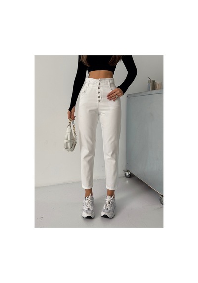 Blue Marlın Kadın Beyaz Patlet Düğmeli Kemer Büzgülü Mom Jeans Beyaz