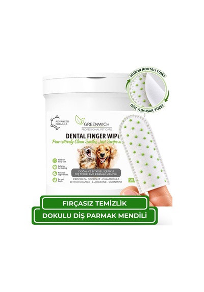 Greenwich Vegan Bitkisel İçerikli Kedi Köpek Diş Temizleme Islak Hijyenik Parmak Mendil 50 Adet