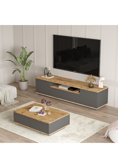 Robin Home Loft Tv Ünitesi Orta Sehpa 2'li Set Çam-antrasit