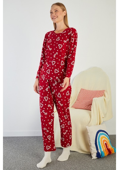 Fullamoda Puantiye Ve Kalp Desenli Bisiklet Yaka Süet Pijama Takımı Bordo