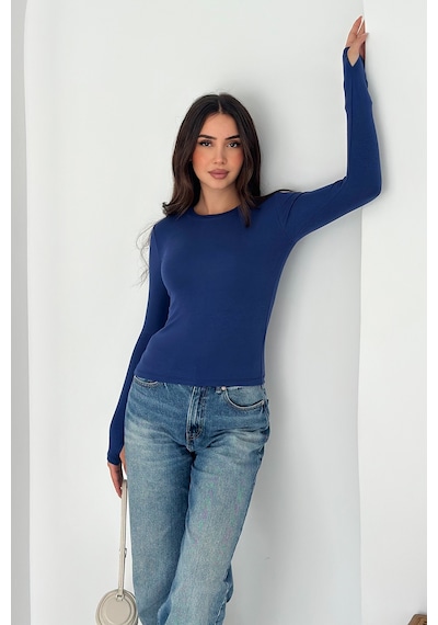 Noa & Noa Kadın Parmak Geçmeli Uzun Kollu Bluz Vücuda Oturan & Astarsız Lacivert