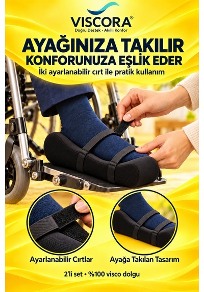 Tekerlekli Sandalye İçin Visco Ayak Taban Destek Pedi 2 Li Ayağa Takılan, Ayarlanabilir Cırtlı Siyah