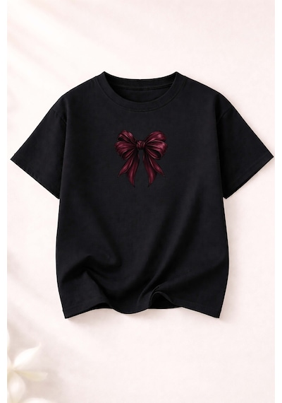 Herkesemoda Kurdele Baskı Baskılı Kadın Bisiklet Yaka Pamuklu T-shirt Siyah