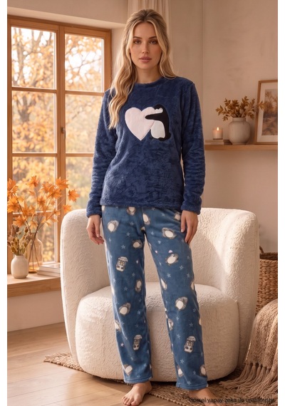 Siyah İnci Lacivert Nakışlı Üst Wellsoft Alt Polar Kışlık Örme Pijama Takım 26221725