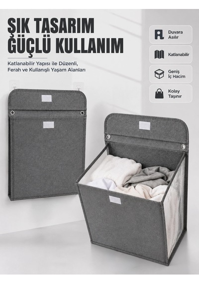 Duvara Asılabilir Katlanabilir Kirli Çamaşır Sepeti Geniş Hacimli Düzenleyici Açık Gri