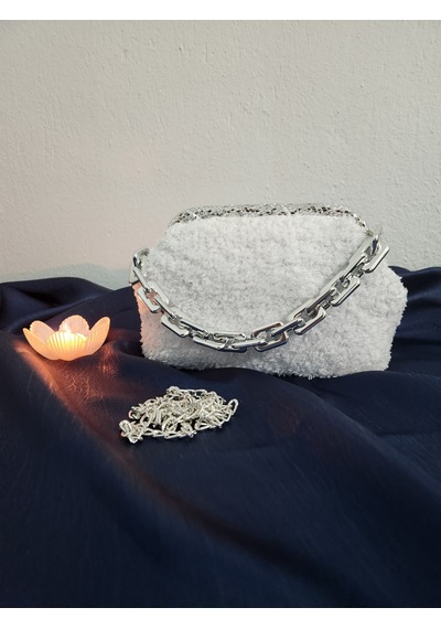 Shine, Beyaz Simli, Handmade, Teddy, Burslu, Kadın El Çantası Beyaz - Gümüş