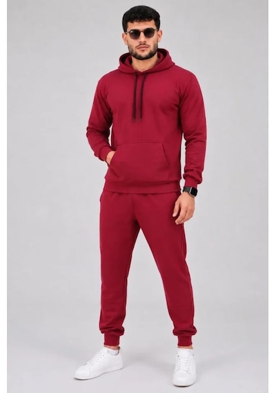 Erkek İki İplik Kapüşonlu Kanguru Cepli Sweatshirt Jogger Pantolon Alt Üst Eşofman Takımı -bordo