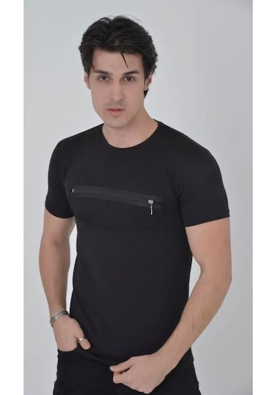 Erkek Göğüste Fermuar Aksesuarlı Dar Kalıp T-shirt - Siyah Siyah