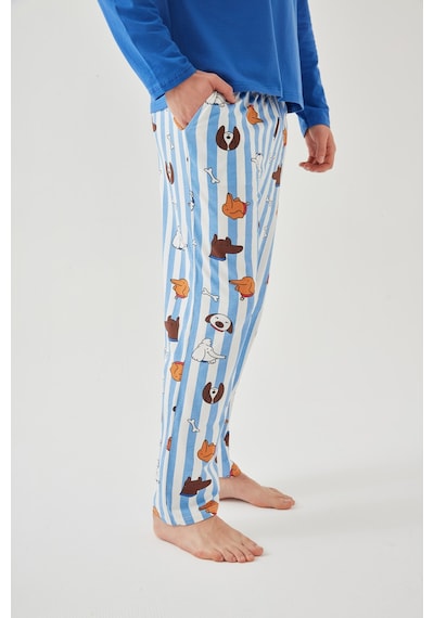 Erkek Pamuklu Uzun Kollu Baskılı Alt Desenli Cep Detaylı Pijama Takımı Ke30114 Saks