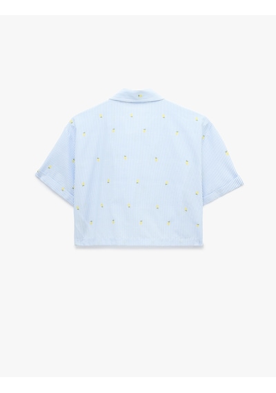 Koton Koton X Sibil Çetinkaya - Kısa Kollu Limon İşleme Detaylı Çizgili Crop Poplin Gömlek Mavi Çizgili 6sak60369pw