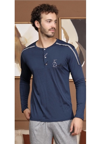 Bone Club 5560 Uzun Kol Erkek Pijama Takım İndigo V1 Indigo - Mavi
