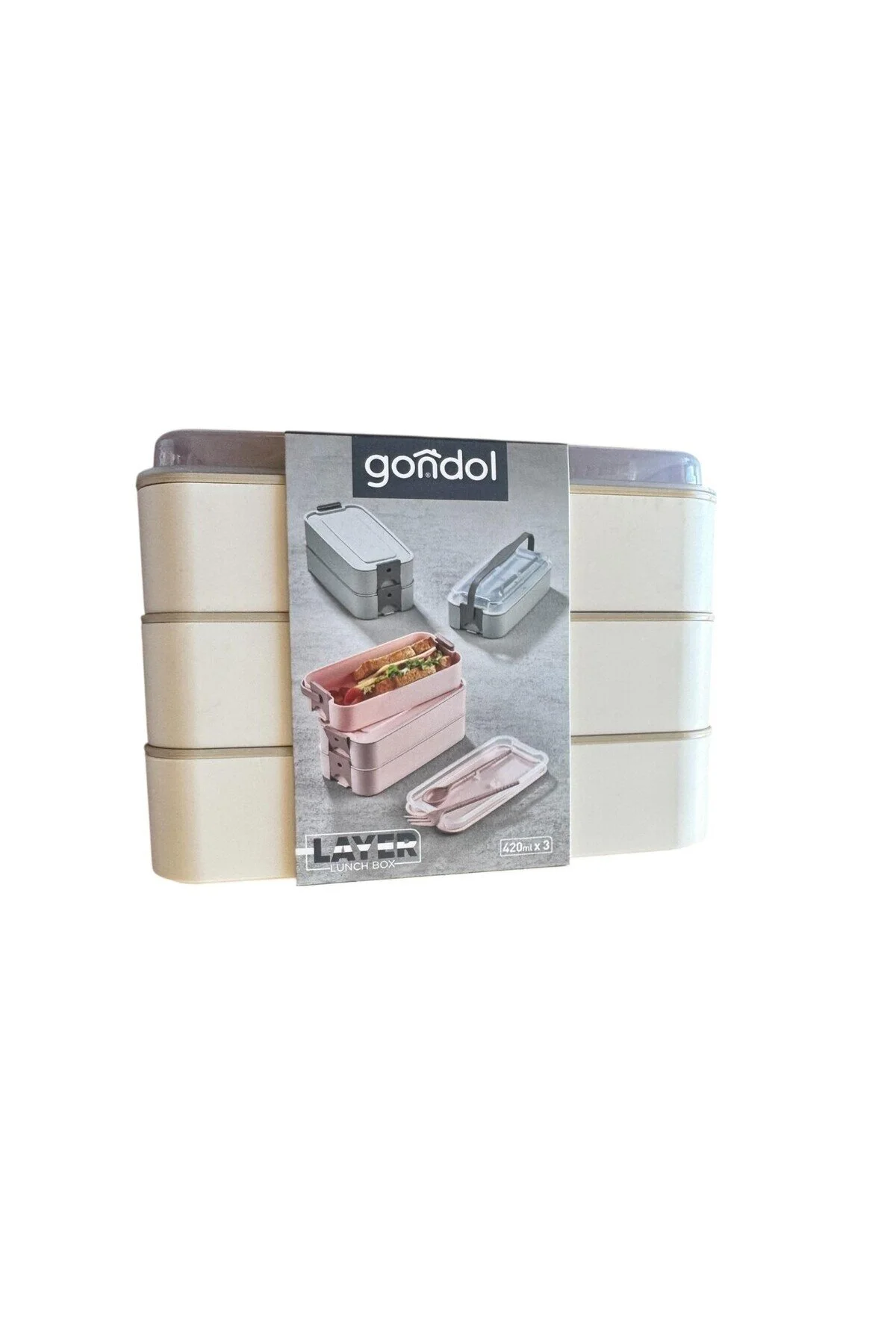 Gondol Layer Lunch Box Kilitli Kat Kat Beslenme Kutusu Çatal Kaşıklı Gri