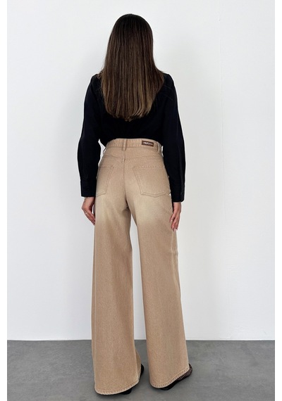 HLT Jeans Bej Kadın Wide Leg Jean %100 Pamuklu Yüksek Bel Palazzo Kot Pantolon Angel-2060