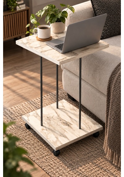Sulorahome Tekerlekli Laptop Ve Servis Sehpası Mermer Desenli Beyaz Beyaz Mermer