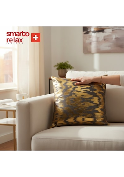 Smarto Relax Dolgulu Kırlent Tekli Antibakteriyel Desenli Dekoratif 47x47 Cm Siyah - Altın