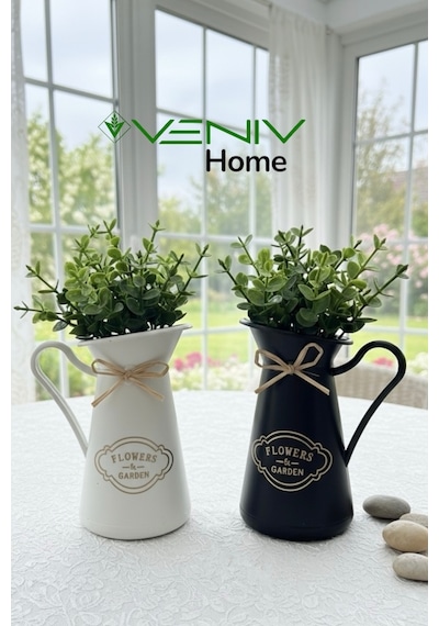 2 Adet İtalyan Dekoratif Beyaz & Siyah Bitkili Saksı Set- Yapay Bitkiler Dahil- 18 Cm Beyaz