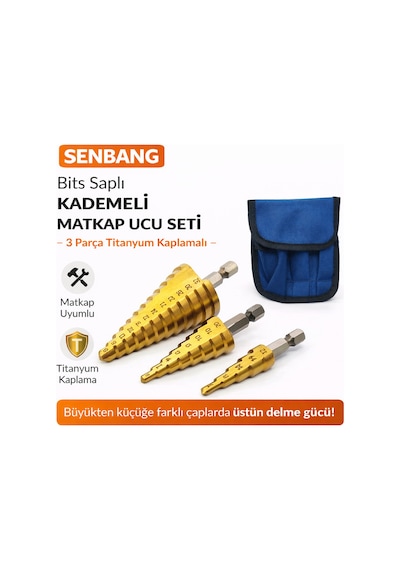 Senbang Bits Saplı Kademeli Matkap Ucu Seti 3 Parça Titanyum Kaplamalı Delme Uçları Çantalı