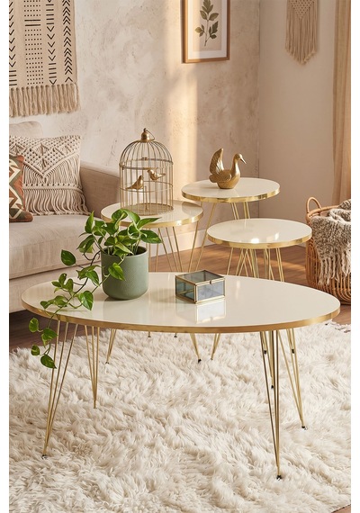 Northcity Zigon Sehpa Ve Orta Sehpa Elips Set Gold Krem Tel Altın - Krem