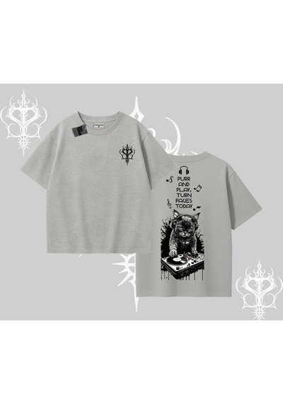 Startmore Startmore Dj Kedi Baskılı Müzik Temalı Oversize Tshirt Gri