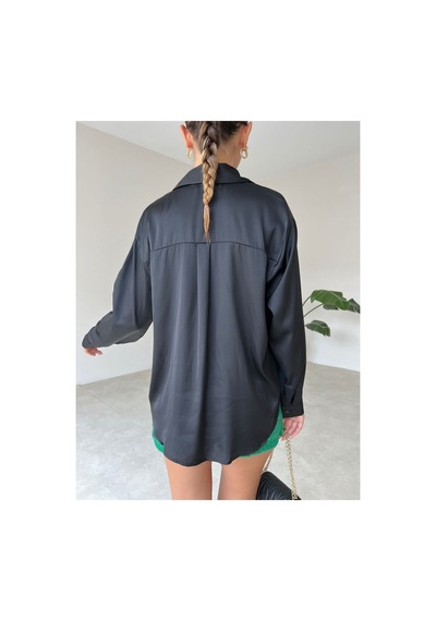 Munora Butik Rahat Kesim Saten Siyah Gömlek Siyah Siyah