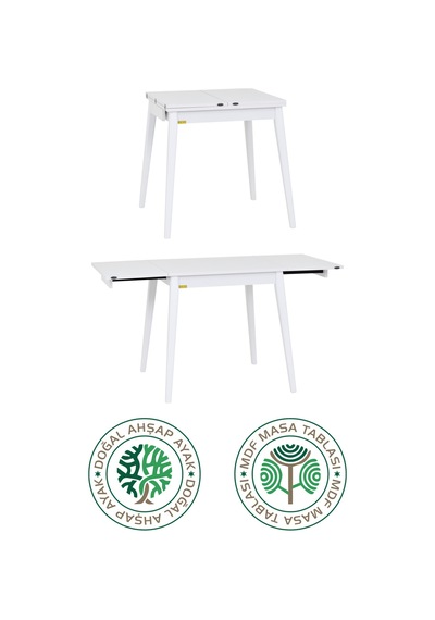 Vilinze Avanos Ahşap Katlanır Kanatlı Mdf Mutfak Masası - 70x70+70 70x140 Cm Beyaz
