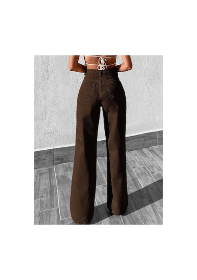 Kene Jeans Yüksek Bel Kahverengi Keten Bol Paça Tam Kalıp Pantolon Kahverengi