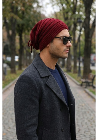 Ritagarcia Unisex Arkası İpli Büzgülü Triko Bere Kışlık Dökümlü Slouchy Beanie Bere Bordo