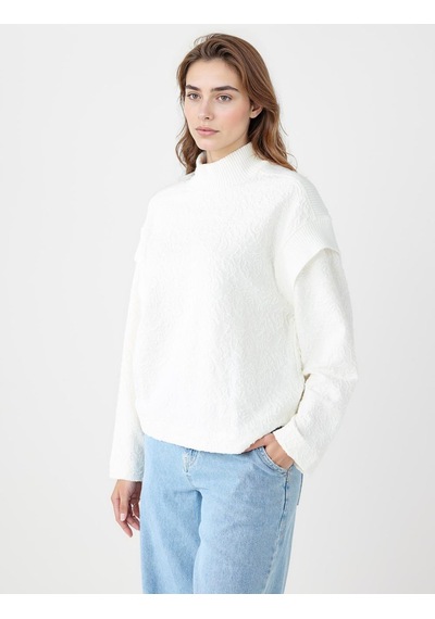 Jimmy Key Jimmy Key Ekru Dik Yaka Uzun Kollu Desenli Örme Sweatshirt 5ww236029114