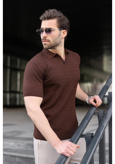 Madmext Kahverengi Slim Fit Polo Yaka Triko Erkek Tişört E7472 Kahverengi