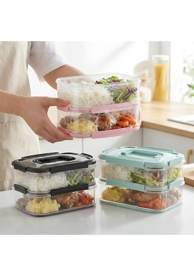 Tr 2x1,8 L Çift Katlı Plastik Yemek Taşıma Kutusu 3,6 L Saklama Kabı Sızdırmaz Contalı Şeffaf Kilitli Sefer Tas Diğer