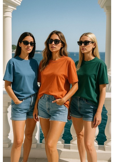Kadın 3'lü Paket Mavi-yeşil-turuncu %100 Pamuk Oversize Basic Tişört Bisiklet Yaka Relaxed T-shirt Çok Renkli