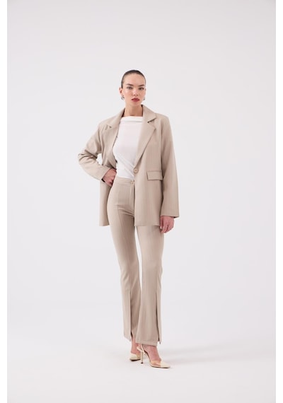Holly Lolly Vatkalı Astarlı Blazer Striped Blazer Ceket Bej