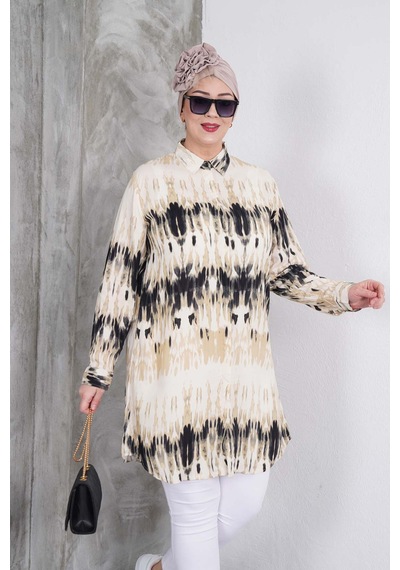 Polologin Butik Siyah Bej Desenli Gömlek Tunik Siyah & Bej