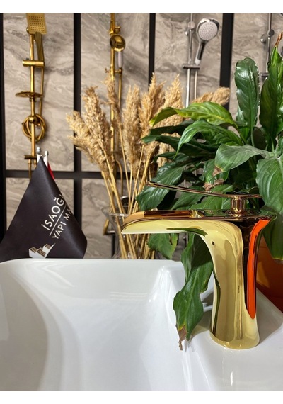 İsaoğlu Yapı Parlak Gold Şelale Lavabo Bataryası Altın Şelale Lavabo Musluğu Gold Lavabo Bataryası Altın Musluk Gold