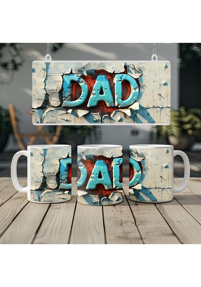 3d Görünümlü Dad Yazılı Kupa Bardak Kırık Duvar Detaylı Baba Tasarımı Kabartmasız Beyaz