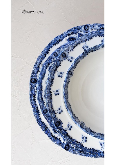 Blue Romance 24 Parça Porselen Yemek Takımı, Mavi Çiçekli, Kütahya Home Çok Renkli