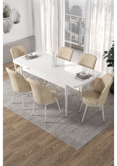 Canisa Concept Kor Serisi 70x114 Açılabilir Beyaz Mutfak Masası Takımı 6 Adet Krem Sandalye Masalar Beyaz Sandalyeler Krem