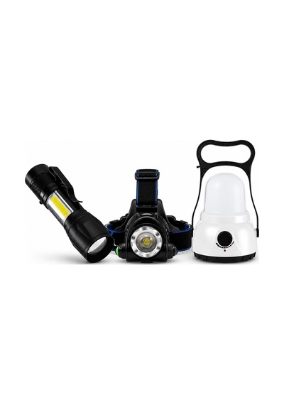 3'lü Şarjlı Led Fener Seti Usb Şarjlı El Feneri Kafa Lambası Kamp Lambası Güçlü Işık Acil Durum Outdoor Beyaz