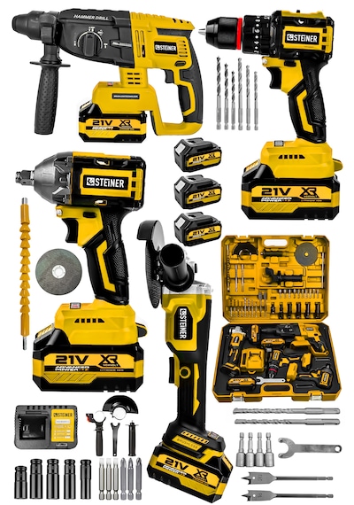 Steiner 21v Darbeli Kömürsüz Kırıcı Delici Hilti & Taşlama & Matkap & Somun Sıkma Sökme 4'lü Set Sarı