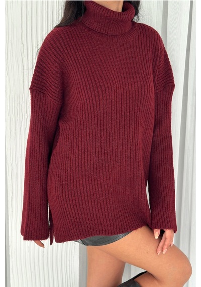 Femelle Kadın Bordo Standart Beden Basic Boğazlı Oversize Triko Kazak