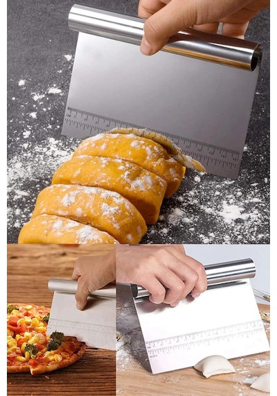 Paslanmaz Çelik Hamur Kesici Spatula Ölçülü Profesyonel Hamur Kazıyıcı El Spatulası Gri