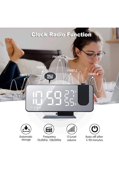 Projeksiyonlu Dijital Masa Saati Led Alarm Fm Radyo Sıcaklık Duvara Tavana Yansıtan Saat Siyah