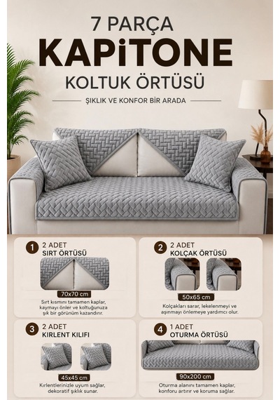 7 Parça Kaymaz Taban Kapitone 3 Lü Koltuk Çekyat Kanepe Örtüsü Gri Gri
