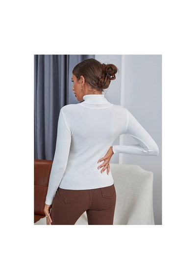 Hanclo Kadın Fitilli Balıkçı Yaka Slim Fit Triko Kazak Beyaz