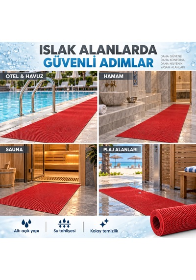 Hortumtech Bal Petek Paspas Kaydırmaz Pvc Islak Zemin Duş Havuz Su Tahliyesi 4 Mm - Kırmızı 90 X 1000 Cm
